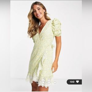 River Island ditsy floral eyelet tea wrap mini dress in yellow